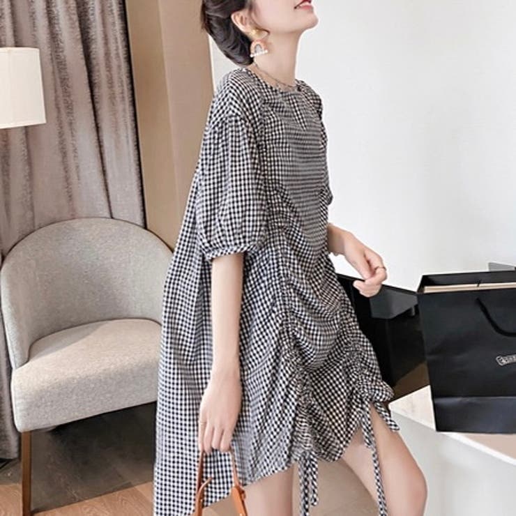 ブラック | ギャザーチェック柄トップス セクシー 夏服 | Sibra