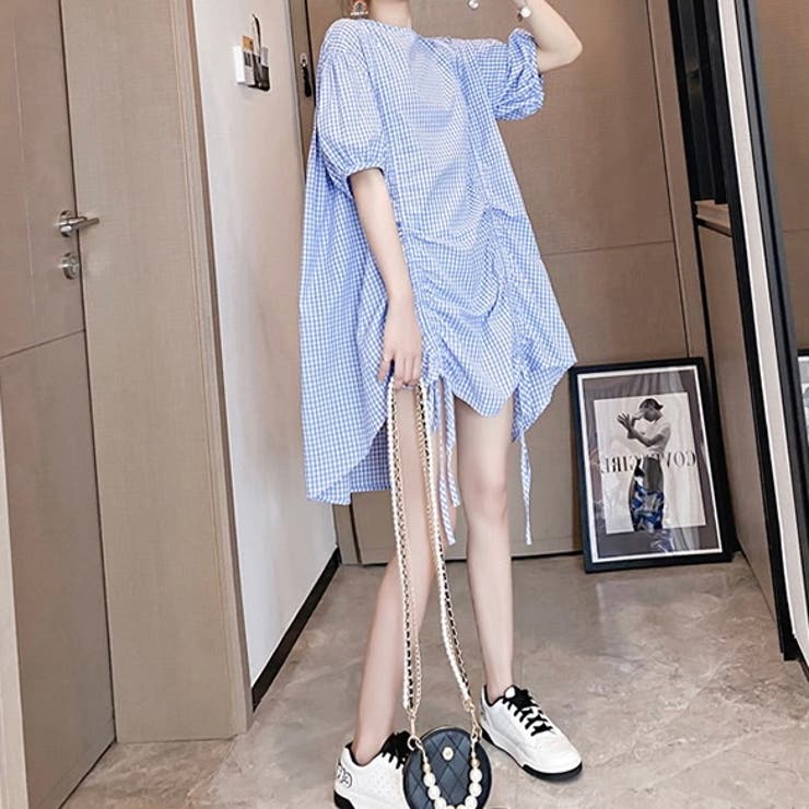 ブルー | ギャザーチェック柄トップス セクシー 夏服 | Sibra