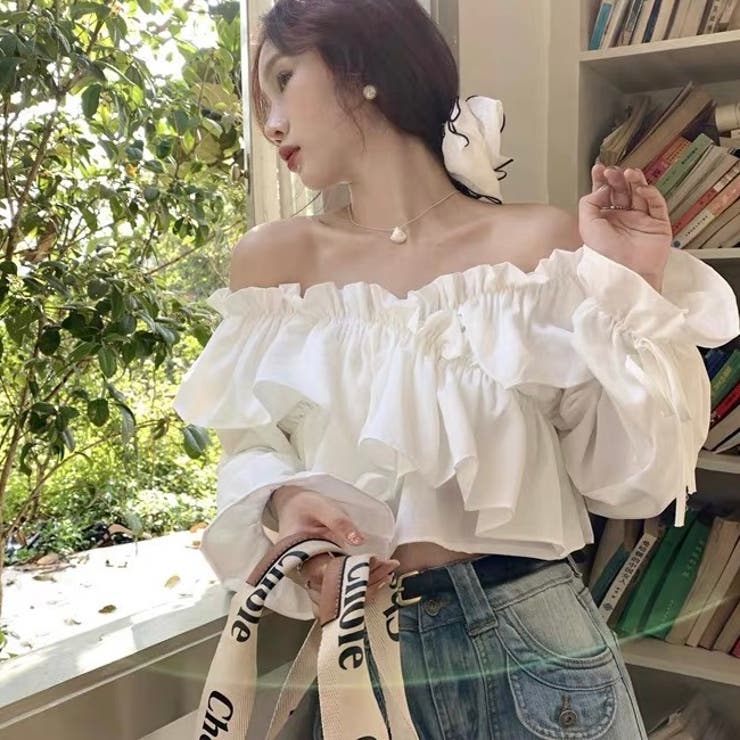 Vネックフリルトップス 韓国ファッション 夏服[品番：SHNW0009821