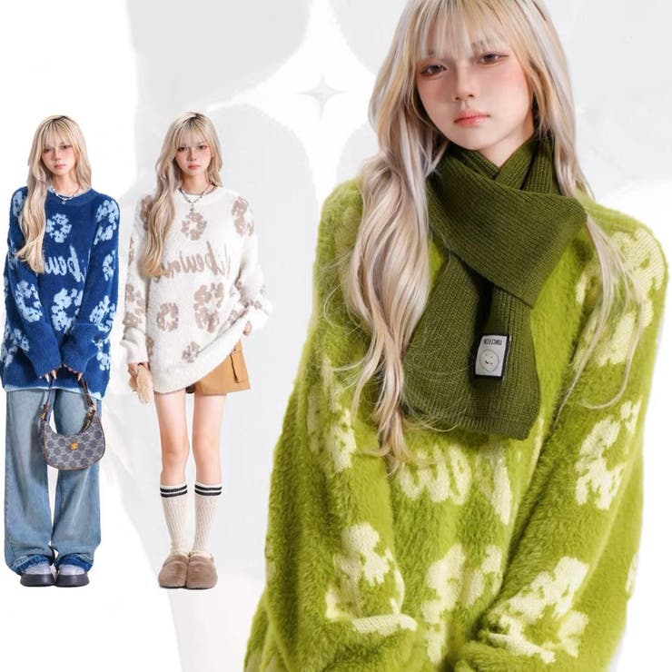 配色花柄シャギーチビニット 韓国ファッション 秋[品番：SHNW0009961