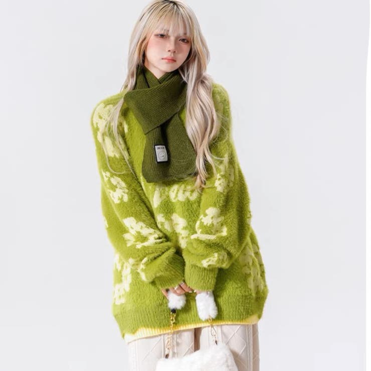 配色花柄シャギーチビニット 韓国ファッション 秋[品番：SHNW0009961