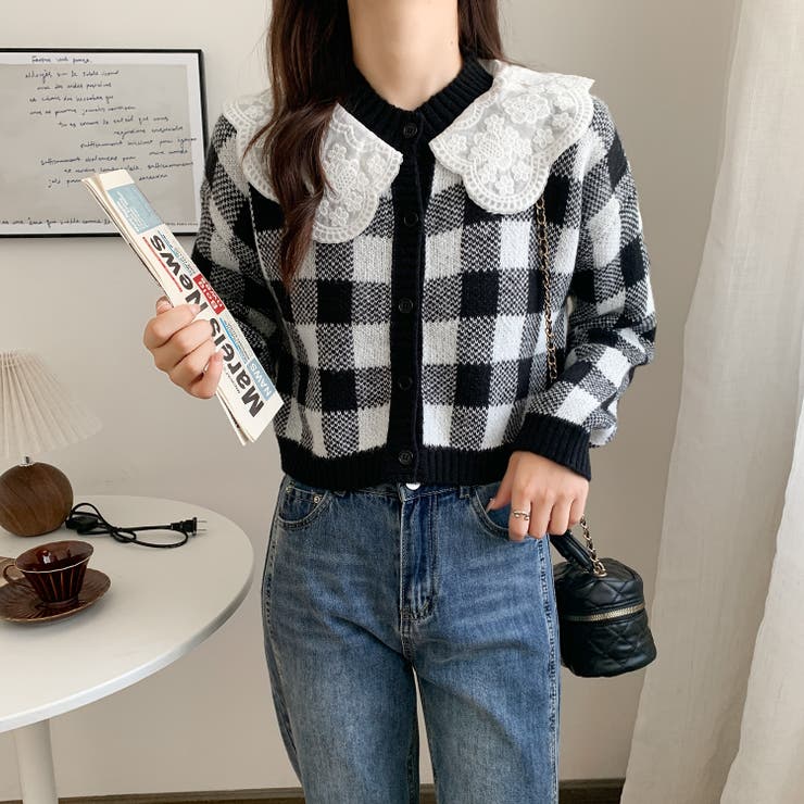 【お値下げ】FOOTJOY グレー チェック柄 カーディガンとスカート2点 セール】 【小さいサイズ】グレンチェックジャガードニット