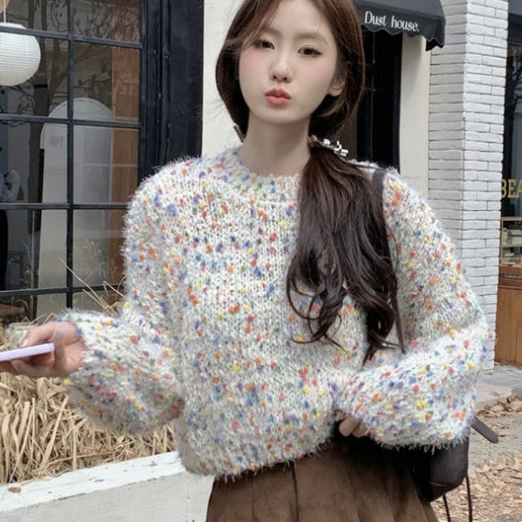 フラッフィーメランジルーズシャギーニット 韓国ファッション 10代