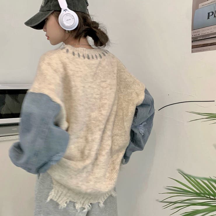 ハンドステッチ風オーバーサイズニット 韓国ファッション 10代 ハンドステッチ風オーバーサイズニット 韓国ファッション 10代