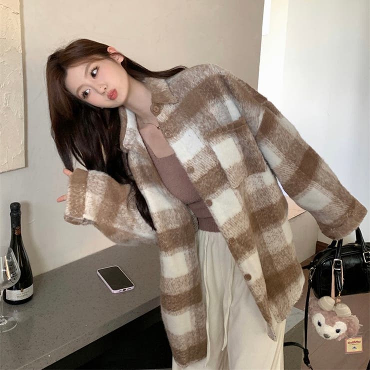 起毛チェック柄長袖シャツ 韓国ファッション 10代[品番：SHNW0010485  