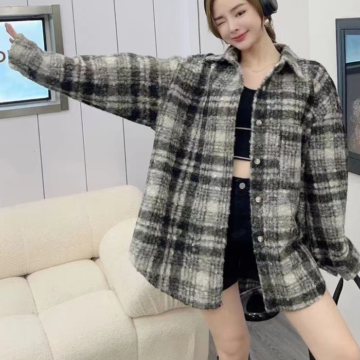 厚手チェック柄長袖シャツ 韓国ファッション 10代[品番：SHNW0010487