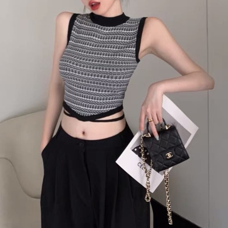 ノースリーブボーダーニットタンクトップ 夏服 韓国ファッション[品番 