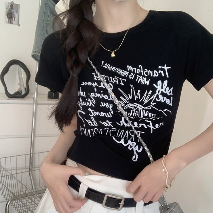 ブラック | プリントロゴ 半袖Tシャツ 韓国風 | Sibra