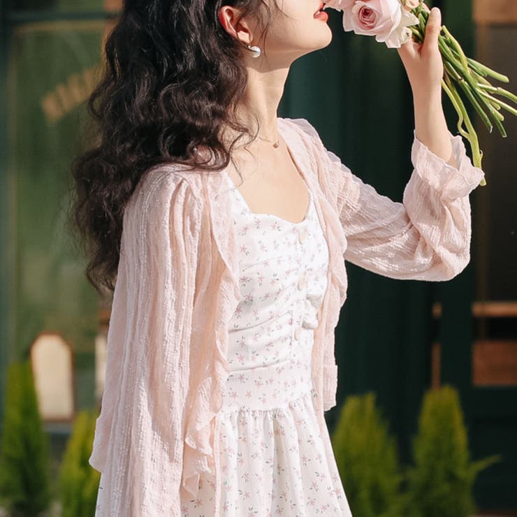 フリルレースシアーカーディガン 体型カバー 夏服[品番：SHNW0010895