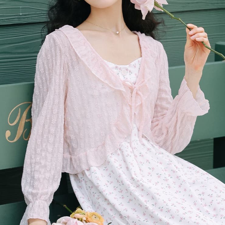 フリルレースシアーカーディガン 体型カバー 夏服[品番：SHNW0010895