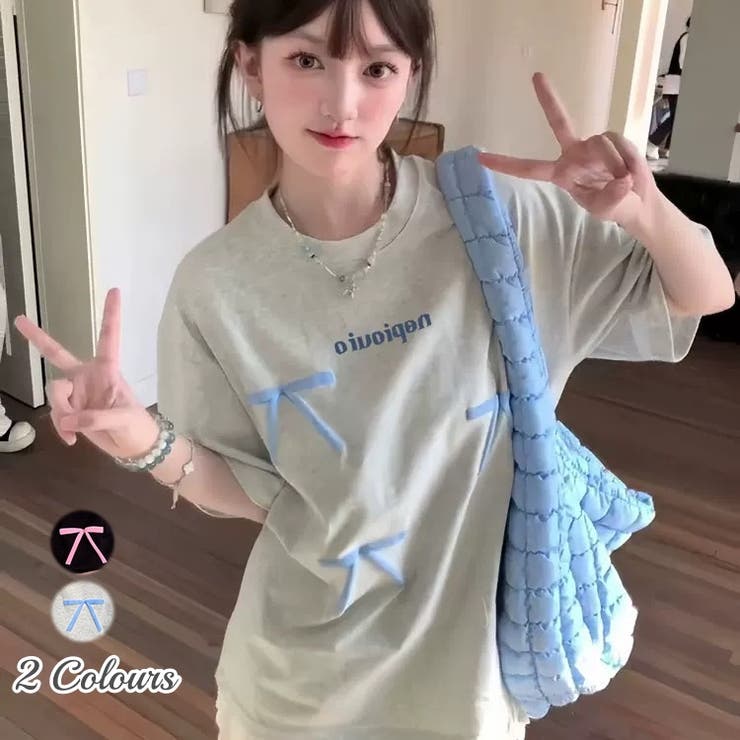 綿100%リボン付きプリントTシャツ ロゴTシャツ オーバーサイズ[品番
