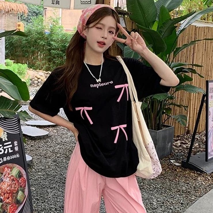 綿100%リボン付きプリントTシャツ ロゴTシャツ オーバーサイズ[品番