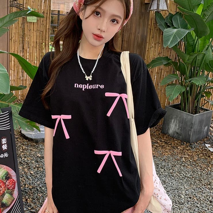 綿100%リボン付きプリントTシャツ ロゴTシャツ オーバーサイズ