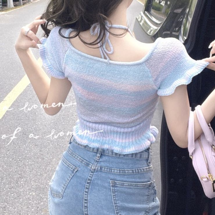 Leilian春夏サマーニットトップスプルオーバー ツィードジャガード刺繍ブルー HUG.U ニット ロゴ 刺繍 レディース 透かし編み トップス
