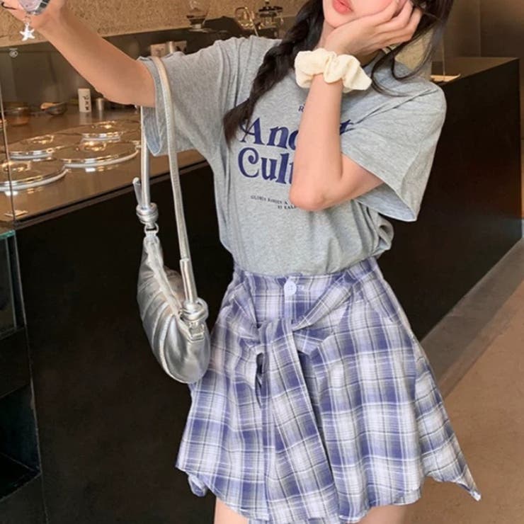 グレー | 腰巻きシャツ風チェック柄パンツ 韓国ファッションオフィスカジュアル 夏服 | Sibra