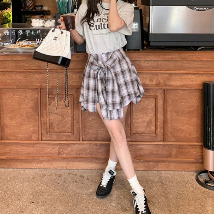 腰巻きシャツ風チェック柄パンツ 韓国ファッションオフィスカジュアル 夏服 | Sibra | 詳細画像4 