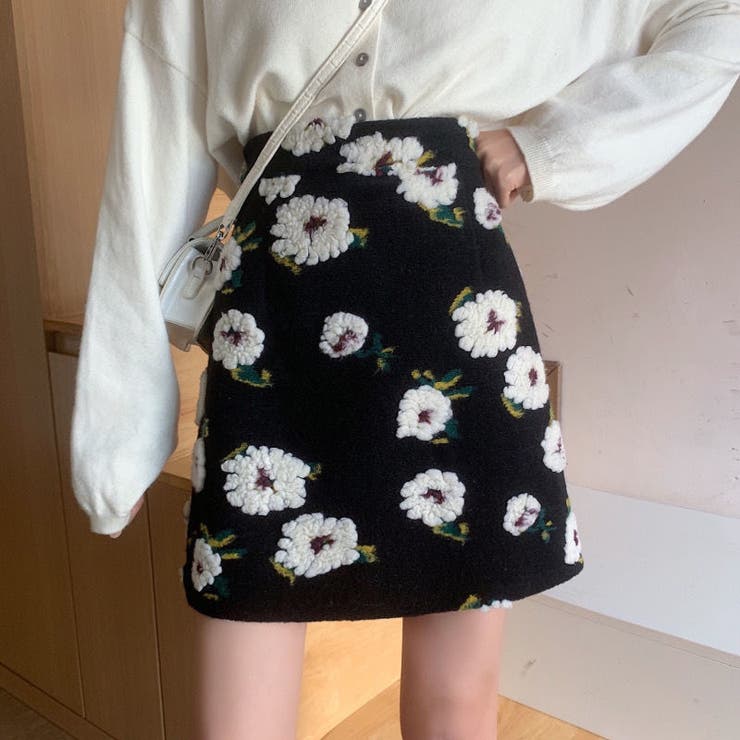 立体フラワ－柄スカート 韓国ファッション ブラック | Sibra | 詳細画像1 