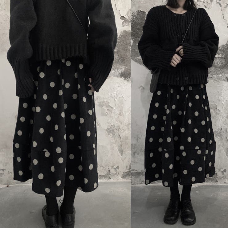 コーデュロイドット柄スカート 韓国ファッション 冬服