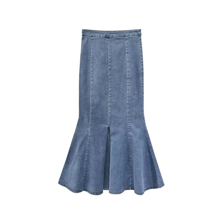 デニムフレアスカート ダークブルー フリル裾 デニム超ロング裾フリルスカート 体型カバー 夏服[品番