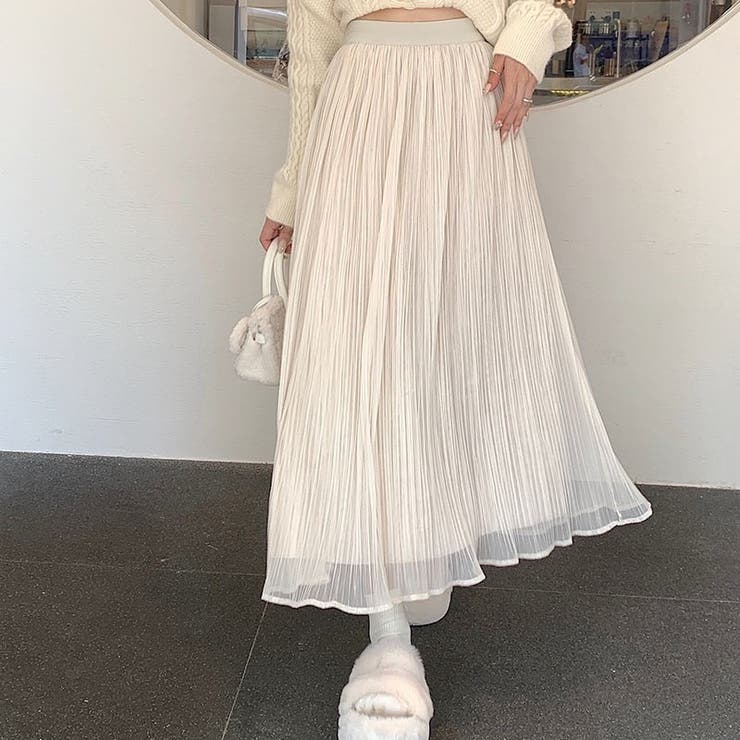 ホワイト | ベルベットメッシュプリーツスカート 韓国ファッション 韓国 | Sibra