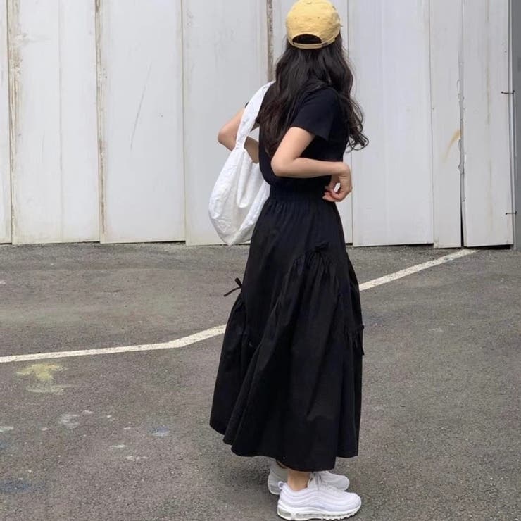リボン付きロングスカート 春 韓国ファッション[品番