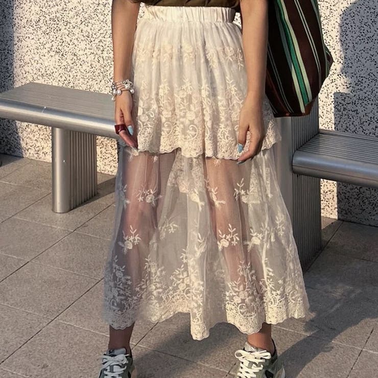 二段シアーレーススカート 韓国ファッションオフィスカジュアル 夏服 