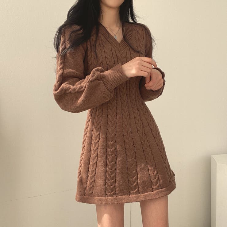 最高に女っぽい、ニットワンピース 韓国ファッション Vネック