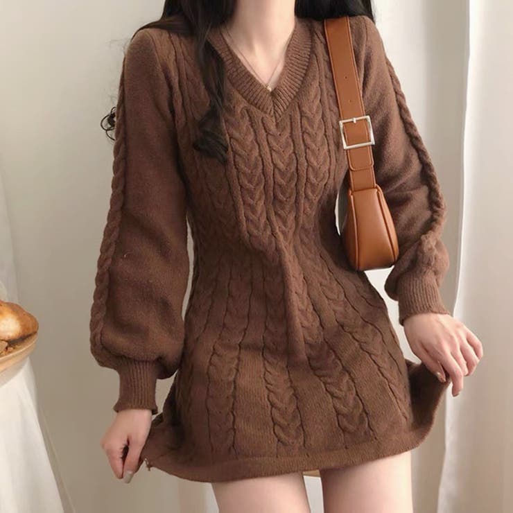 韓国 服 レディース ワンピース ブラウン ニット ロングドレス ブラウン ニット ワンピース リブ 肌見せ 長袖 Vネック ミニワンピース