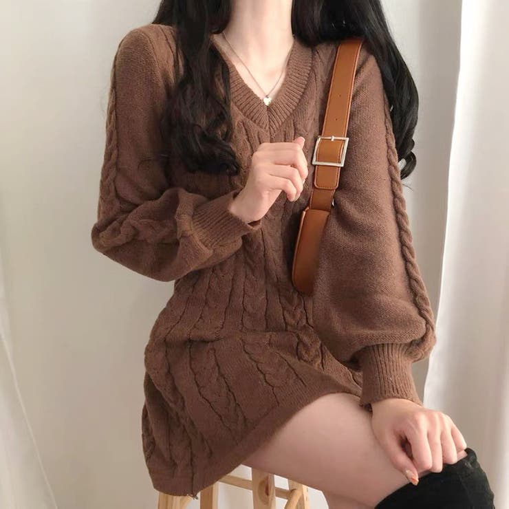 韓国 服 レディース ワンピース ブラウン ニット ロングドレス ブラウン ニットワンピース ニット ワンピース レディース 秋 冬 vネック