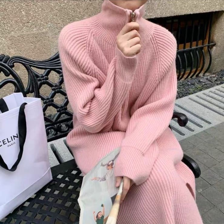ピンク】ニットワンピース 韓国ファッション ワンピース[品番