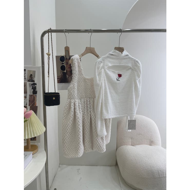 エコファーノースリーブミニワンピース 韓国ファッション 春新作[品番