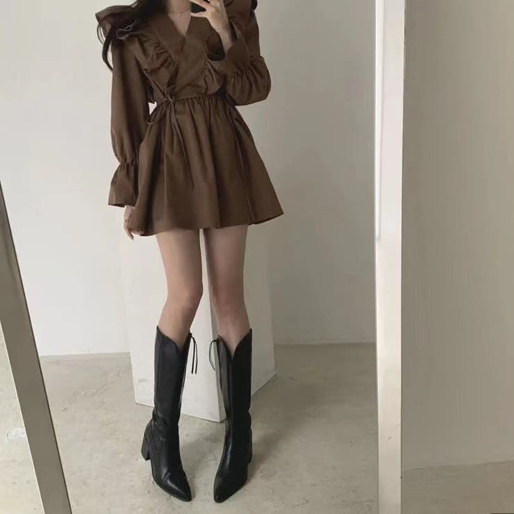 フリルミニワンピース 韓国ファッション ワンカラー[品番：SHNW0003705