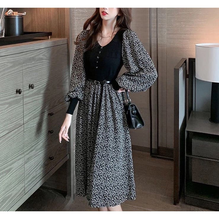 リブカットソードッキング小花柄ロングワンピース 秋冬 韓国ファッション 品番 Shnw Sibra シブラ のレディースファッション通販 Shoplist ショップリスト