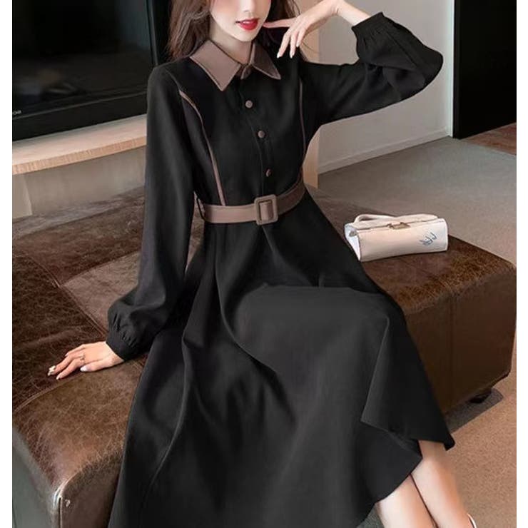 なし♈ニットワンピース ブラック＆ベージュ■ベルト付き　フレアワンピ韓国ファッション