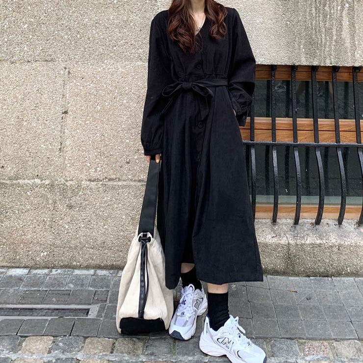 ロングワンピース 前開き ベルト付き[品番：SHNW0003971]｜Sibra
