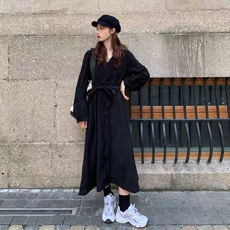ロングワンピース 前開き ベルト付き[品番：SHNW0003971]｜Sibra