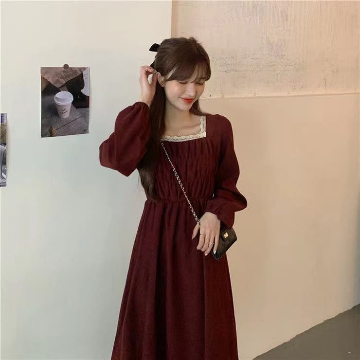 ヘップバーン スクエアネック フレア ワンピース 韓国 上品 レース襟スクエアネックワンピース 韓国ファッション 韓国[品番