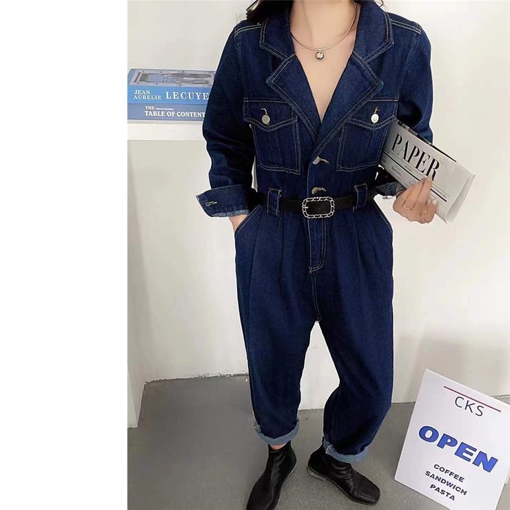 ベルト付きデニムオールインワン テーラードカラー 前開き[品番