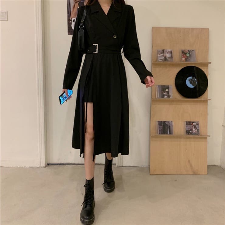 ベルド付きジャケット衿デザインワンピース 韓国ファッション 春[品番