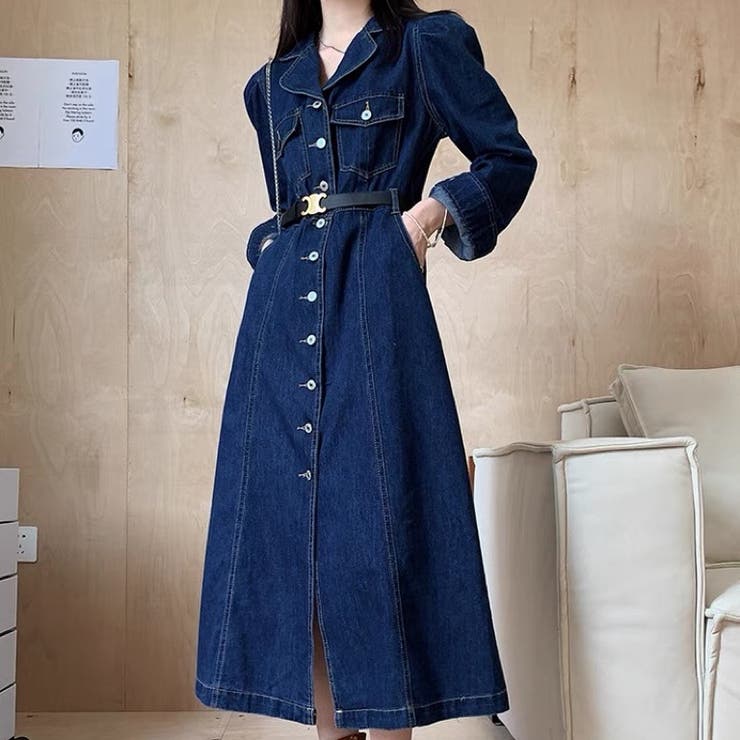 ベルド付きデニムワンピース 韓国ファッション ブルー 77％以上節約 格安SALEスタート！ デニムワンピース