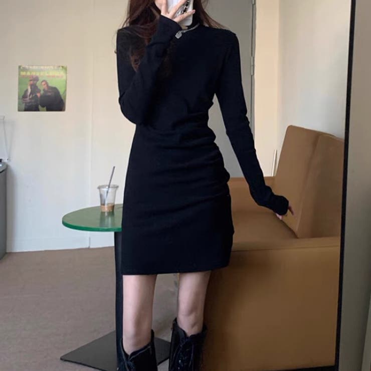 ハイネックミニワンピース 韓国ファッション 秋服[品番
