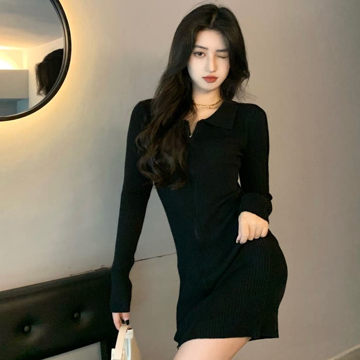 大人可愛い韓国シンプルニットワンピース ワンピース ロング 韓国ファッション ニット 長袖 Vネック 大人