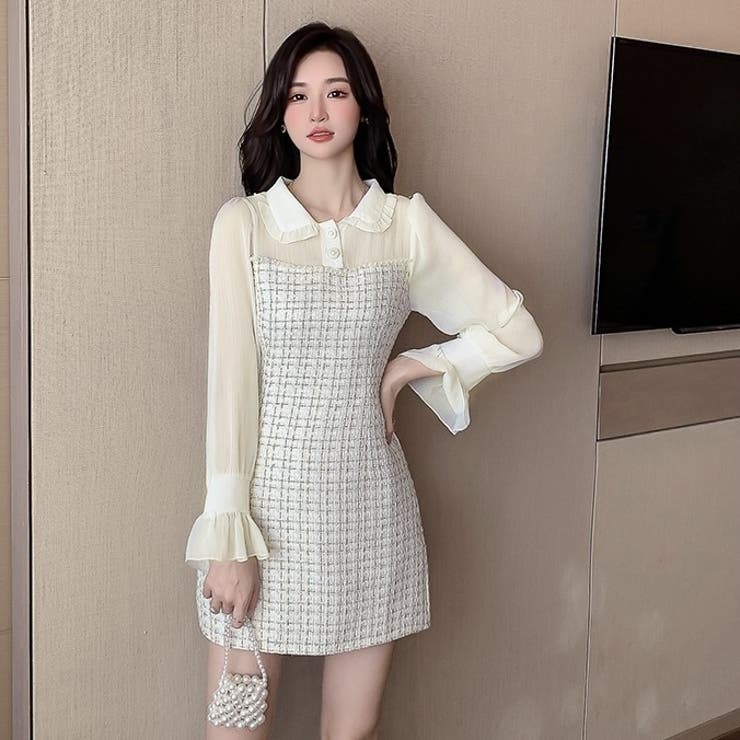 ツイードシルクシフォンワンピース　韓国 an/AOC-3435/ワンピース/ミニドレス/タイトワンピース/韓国風