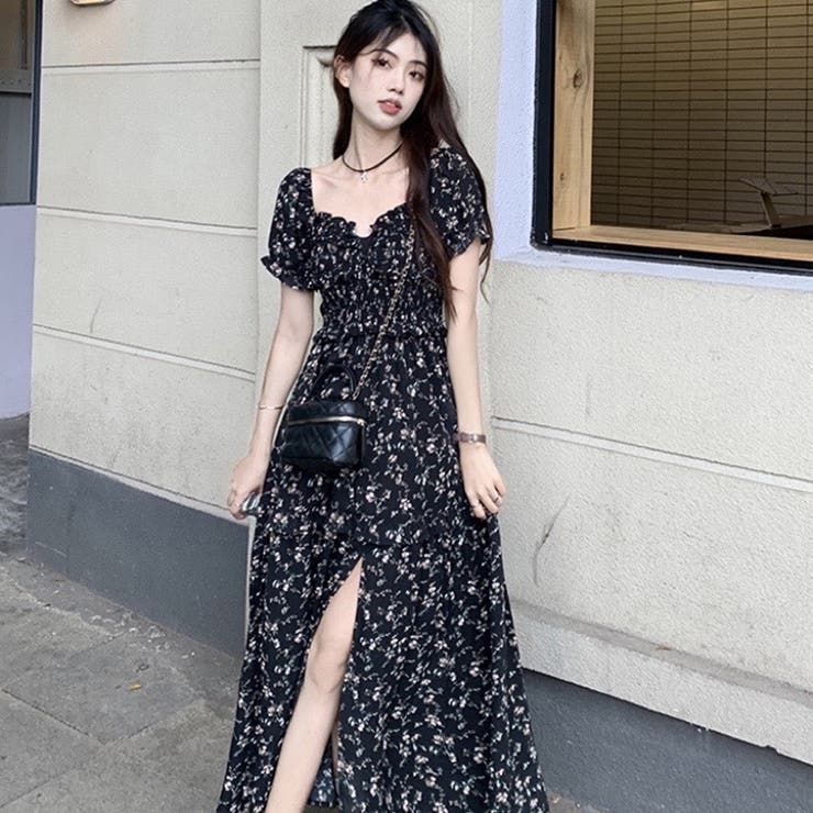 花柄ワンピース 韓国ファッション オフィスカジュアル[品番