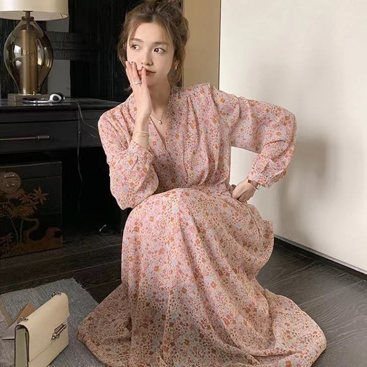 レトロ花柄長袖ワンピース 韓国ファッション オフィスカジュアル