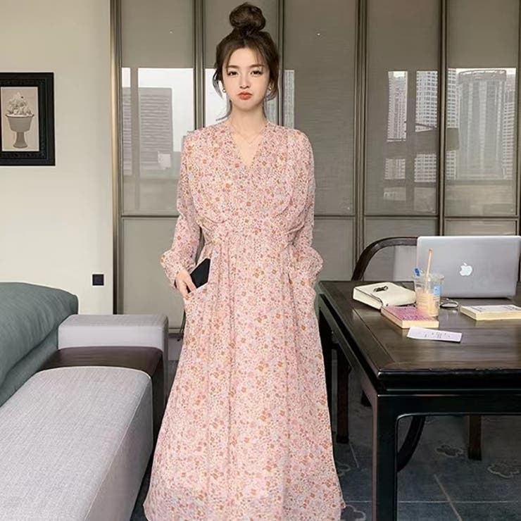 レトロ花柄長袖ワンピース 韓国ファッション オフィスカジュアル