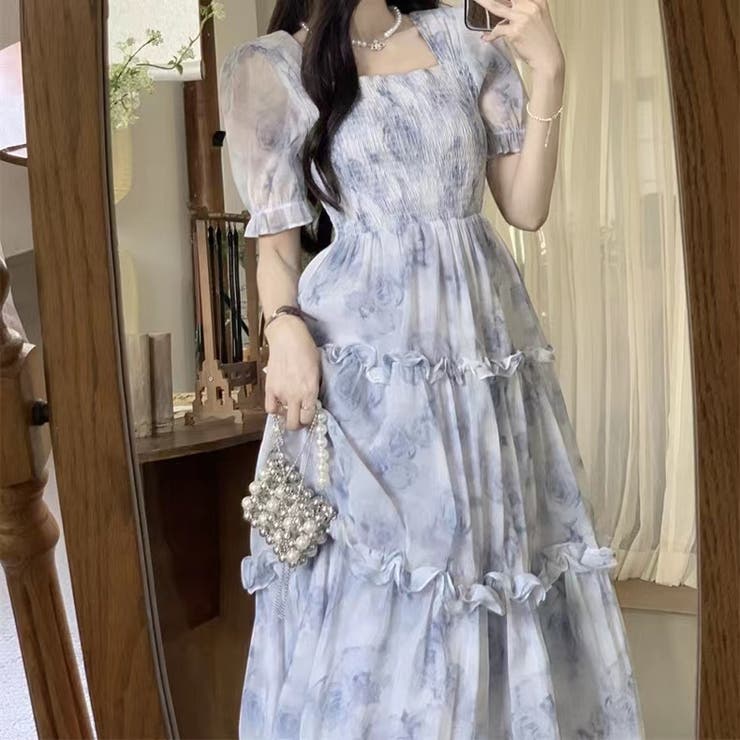 花柄シアーワンピース 韓国ファッション 夏服[品番：SHNW0009407
