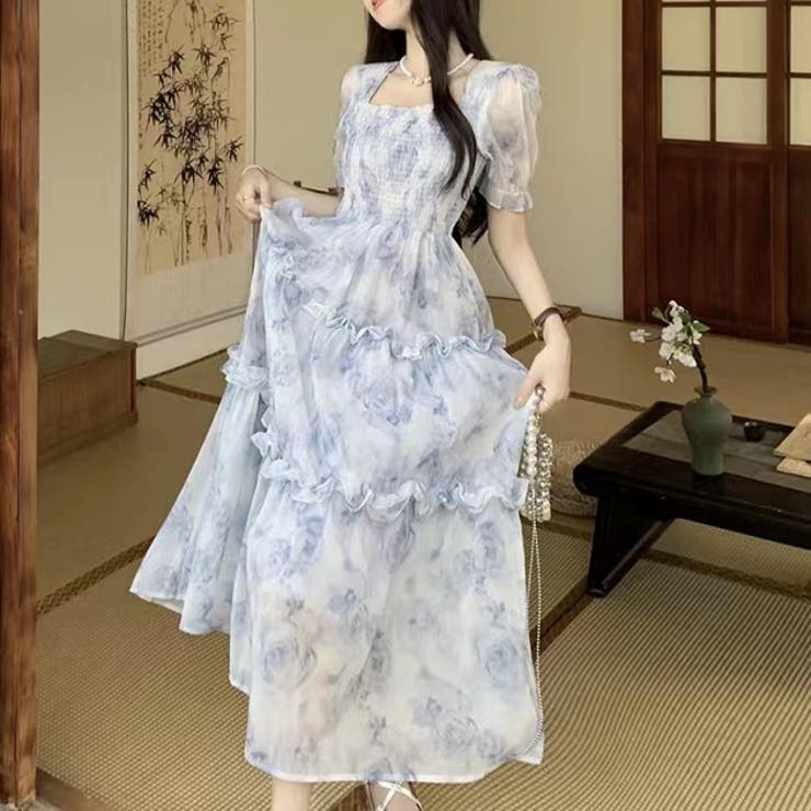 花柄シアーワンピース 韓国ファッション 夏服[品番：SHNW0009407 