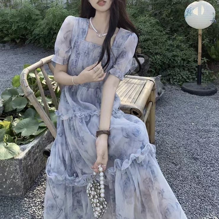 花柄シアーワンピース 韓国ファッション 夏服[品番：SHNW0009407 