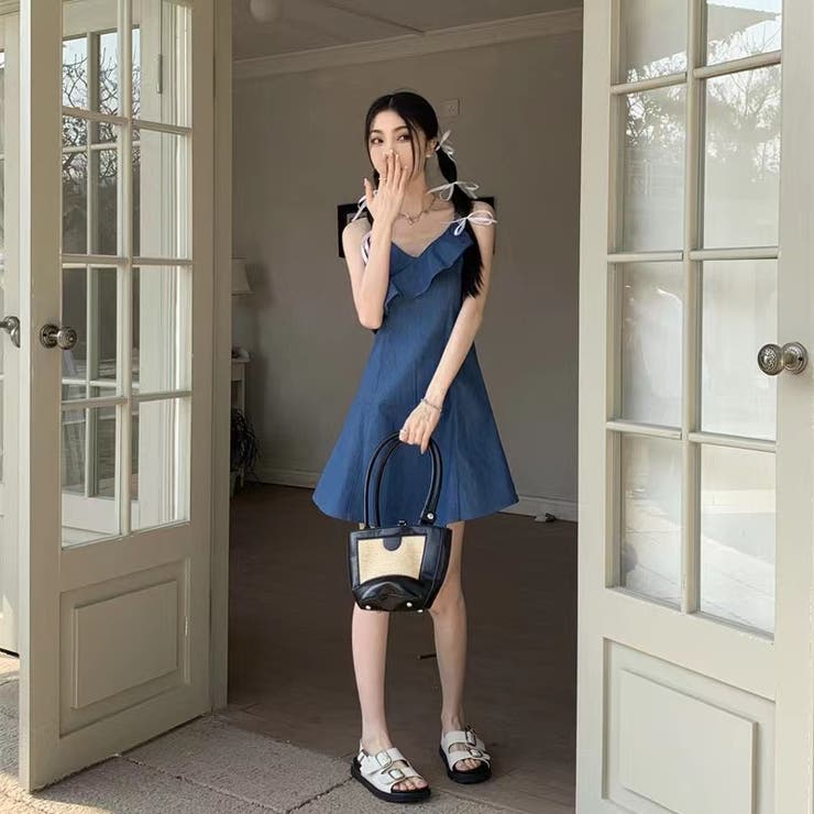キャミデニムフリルワンピース セクシー 夏服[品番：SHNW0009461
